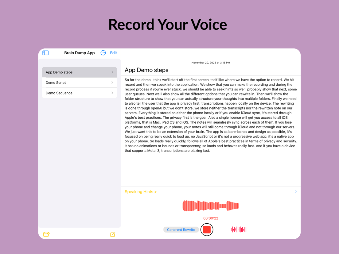 Brain Dump recording a spoken note on iPad