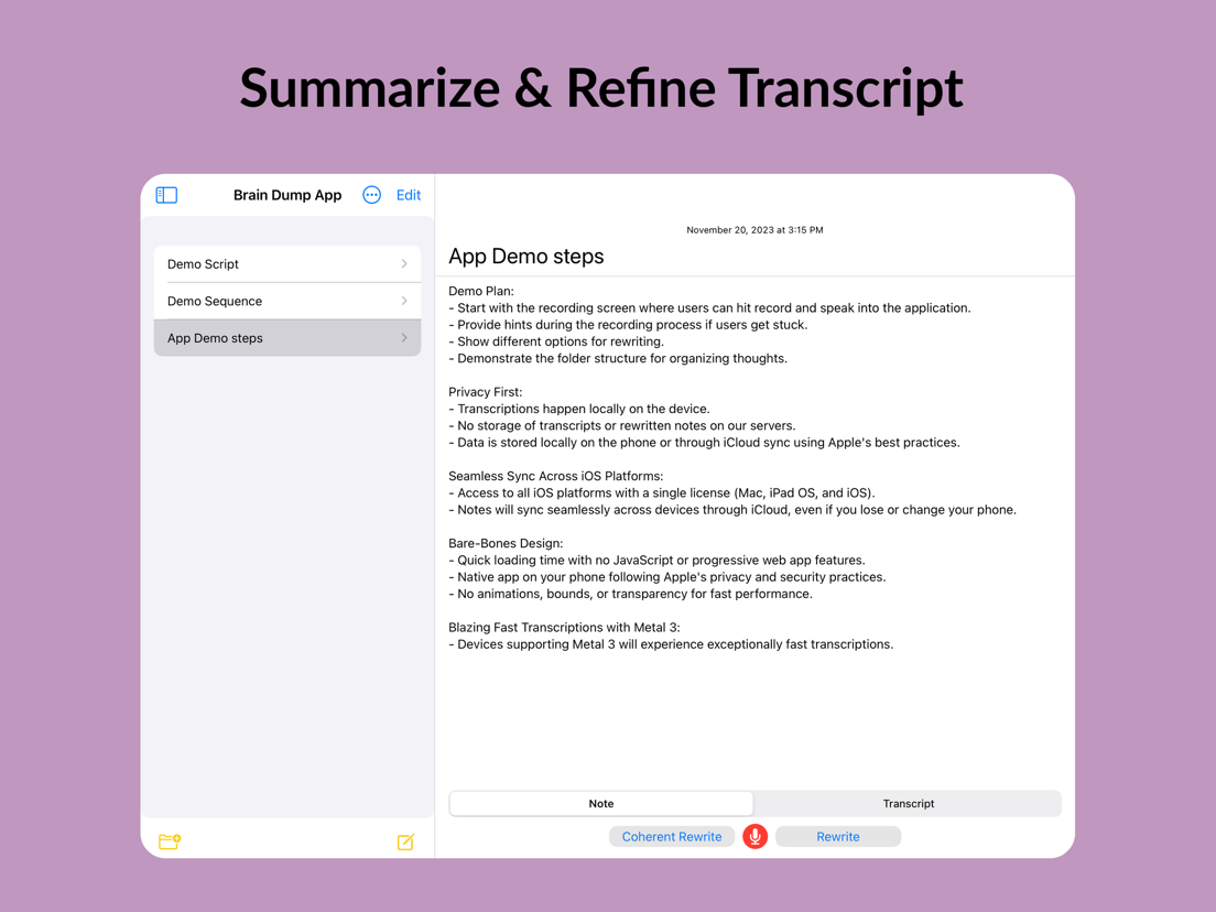 A transcript refined into a structured note in Brain Dump