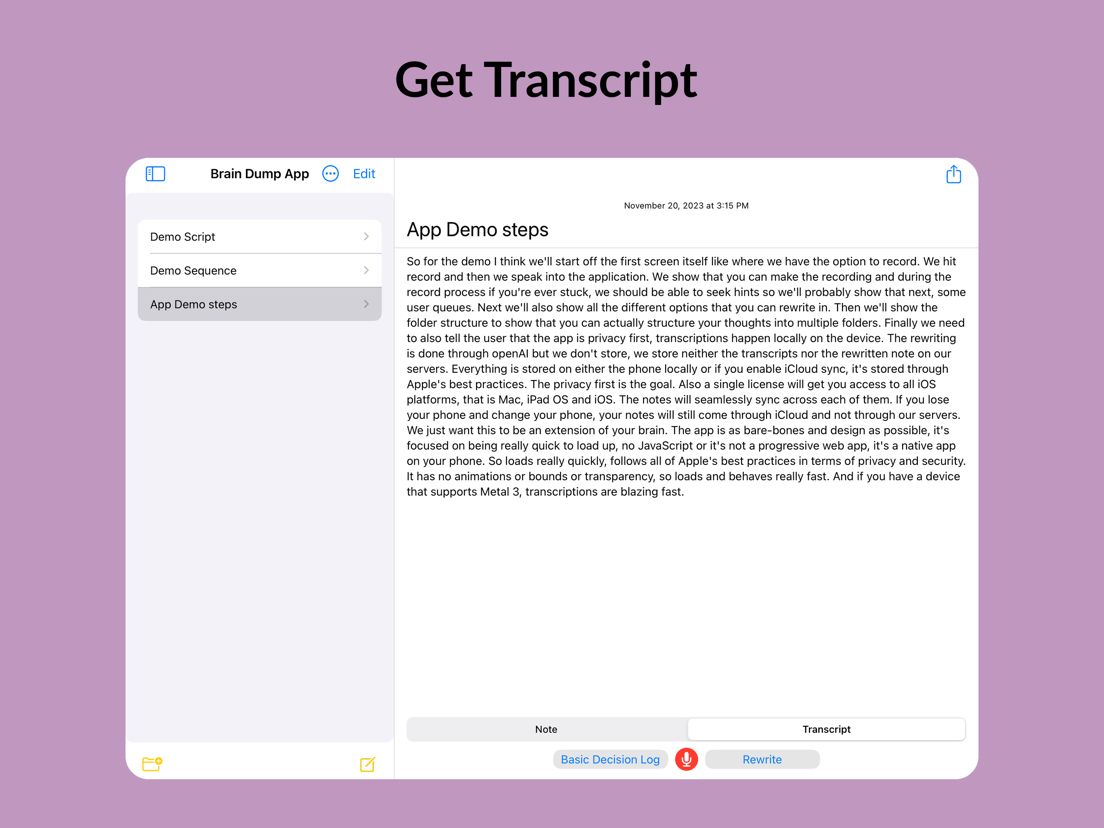 A voice recording converted into editable text in Brain Dump